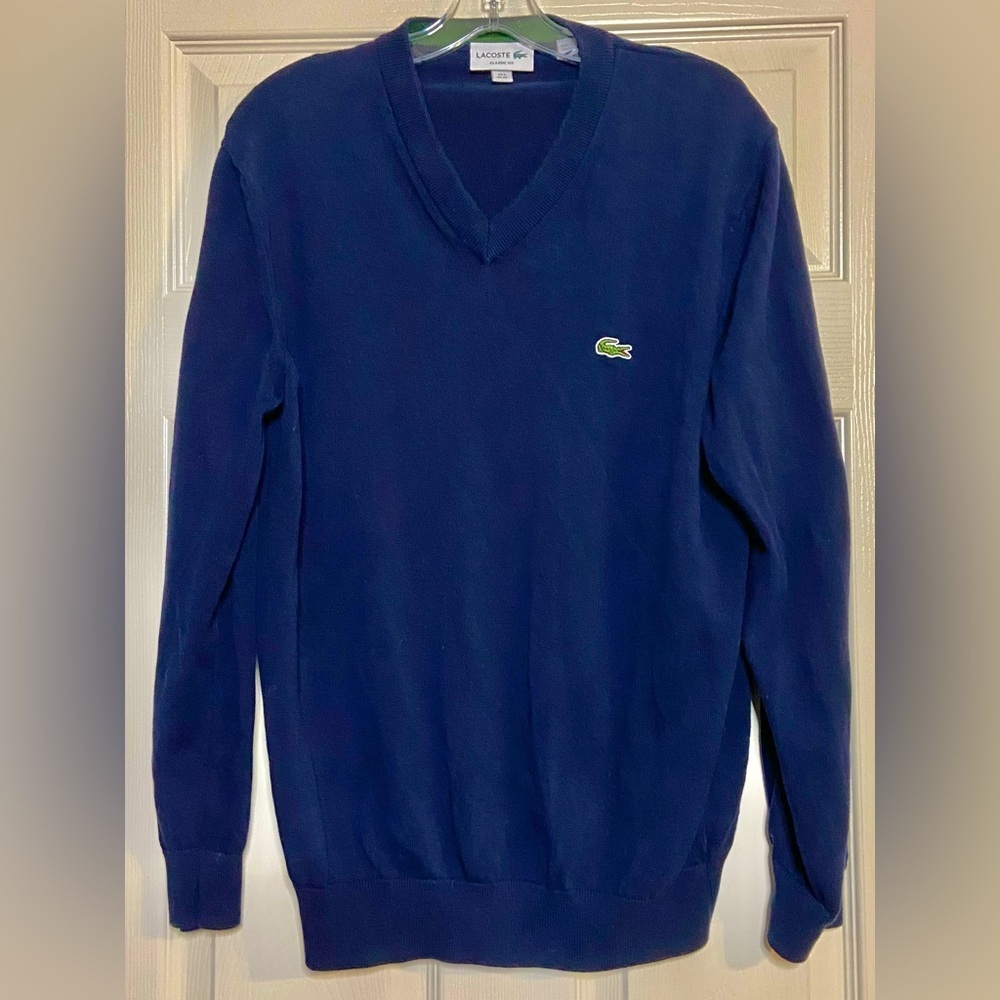 Lacoste Men's Size 6 Blue w/ Alligator Logo 100% Cotton V-Neck Pullover Sweater
